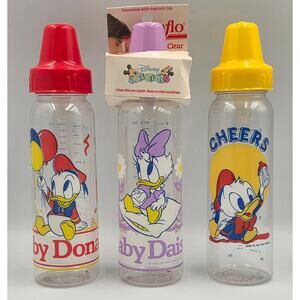 Vintage 80s Disney Evenflo Baby Bottles 8 Oz Donald Daisy Set of 3